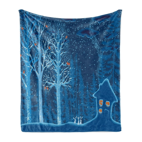 Forest Soft Flannel Fleece Blanket, Winter Landscape with Show Covered Country House Hut in Trees Rural Picture, Cozy Plush for Indoor and Outdoor Use, 70" x 90", Orange Violet Blue, by Ambesonne
