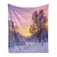 thumbnail image 1 of Forest Soft Flannel Fleece Blanket, Winter Landscape with Sunset and Frozen Trees Ice Weather Blizzard Cold Days Image, Cozy Plush for Indoor and Outdoor Use, 70" x 90", Pink White, by Ambesonne, 1 of 5