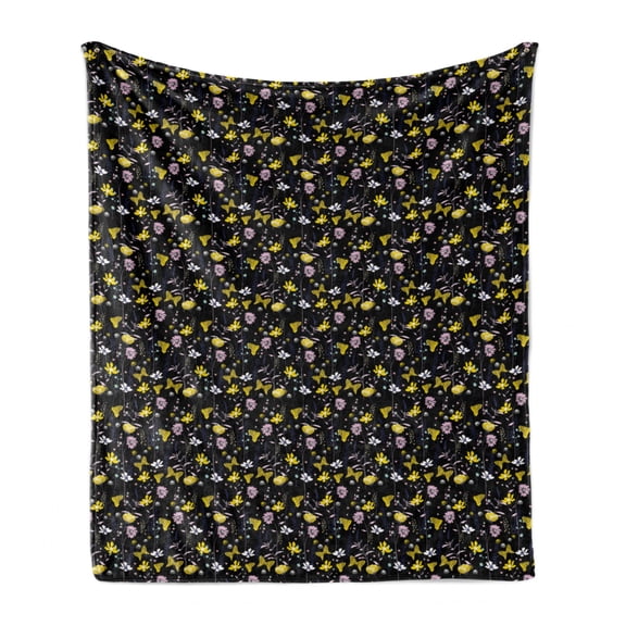 Forest Soft Flannel Fleece Throw Blanket, Butterflies Blow Flower Lilly Botany Enchanted Nature Meadow, Cozy Plush for Indoor and Outdoor Use, 60" x 80", Charcoal Grey Pink and Yellow, by Ambesonne