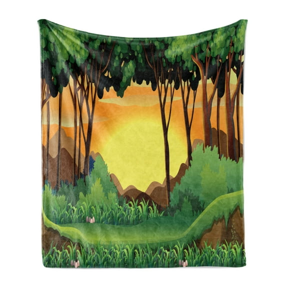 Forest Soft Flannel Fleece Throw Blanket, Cartoon Sunset over Hills Tree Spring Season Inspirations Green Bushes, Cozy Plush for Indoor and Outdoor Use, 50" x 60", Green Caramel Yellow, by Ambesonne