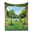 thumbnail image 1 of Forest Soft Flannel Fleece Throw Blanket, Clear Day in the Woods Theme Cartoon Drawing Style Idyllic Summer, Cozy Plush for Indoor and Outdoor Use, 50" x 60", Green Pale Blue Caramel, by Ambesonne, 1 of 5