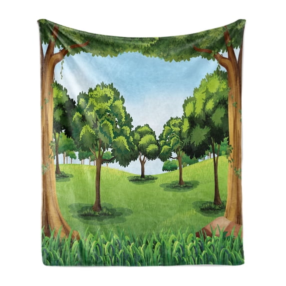 Forest Soft Flannel Fleece Throw Blanket, Clear Day in the Woods Theme Cartoon Drawing Style Idyllic Summer, Cozy Plush for Indoor and Outdoor Use, 50" x 70", Green Pale Blue Caramel, by Ambesonne
