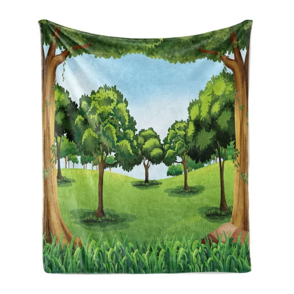 Forest Soft Flannel Fleece Throw Blanket, Clear Day in the Woods Theme Cartoon Drawing Style Idyllic Summer, Cozy Plush for Indoor and Outdoor Use, 60" x 80", Green Pale Blue Caramel, by Ambesonne