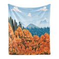 thumbnail image 1 of Forest Soft Flannel Fleece Throw Blanket, Display of Backwoods with Open Sky Mountains and Clouds, Cozy Plush for Indoor and Outdoor Use, 50" x 70", Army Green Pale Blue, by Ambesonne, 1 of 5