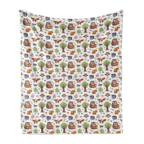 Forest Soft Flannel Fleece Throw Blanket, Doodle Woodland Creatures as Honey Bear Rabbit Fox and Raccoon in Nature Habitat, Cozy Plush for Indoor and Outdoor Use, 50" x 70", Multicolor, by Ambesonne