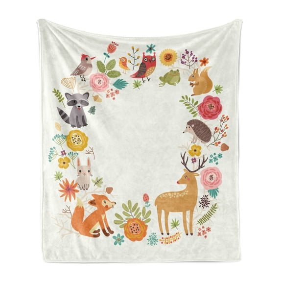 Forest Soft Flannel Fleece Throw Blanket, European Fauna Flora Deer Fox Raccoon and Roses Cartoon Wildlife, Cozy Plush for Indoor and Outdoor Use, 50" x 60", Multicolor, by Ambesonne