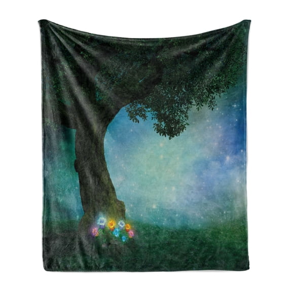 Forest Soft Flannel Fleece Throw Blanket, Fairytale Little Red Riding Hood Woodland at Night Flowers and Stars Image Print, Cozy Plush for Indoor and Outdoor Use, 50" x 70", Multicolor, by Ambesonne