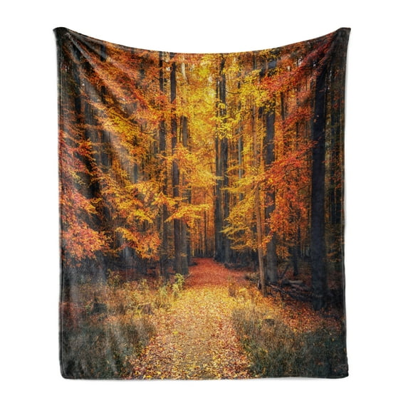 Forest Soft Flannel Fleece Throw Blanket, Fall Photo in National Park Vivid Leaf Plant Eco Earth Theme, Cozy Plush for Indoor and Outdoor Use, 50" x 70", Orange Brown, by Ambesonne