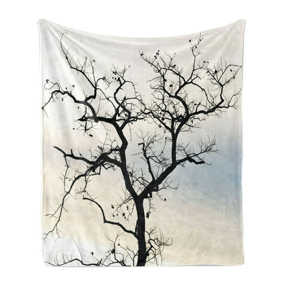 Forest Soft Flannel Fleece Throw Blanket, Fall Tree Black Branches Art Print Black and White Themed Silhouette Illustration, Cozy Plush for Indoor and Outdoor Use, 50" x 70", Grey Black, by Ambesonne