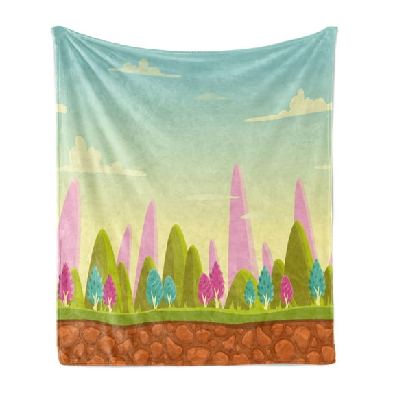 Forest Soft Flannel Fleece Throw Blanket, Fantasy Cartoon Landscape Colorful Trees Country Panorama Trees Hills Abstraction, Cozy Plush for Indoor and Outdoor Use, 70" x 90", Multicolor, by Ambesonne