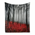 thumbnail image 1 of Forest Soft Flannel Fleece Throw Blanket, Fantasy Woodland Under Fog Trees Jungle Bushes Contrast Colors, Cozy Plush for Indoor and Outdoor Use, 50" x 60", Pale Grey Black and Red, by Ambesonne, 1 of 5