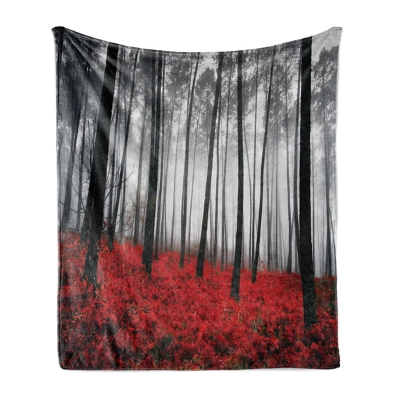 Forest Soft Flannel Fleece Throw Blanket, Fantasy Woodland Under Fog Trees Jungle Bushes Contrast Colors, Cozy Plush for Indoor and Outdoor Use, 60" x 80", Pale Grey Black and Red, by Ambesonne
