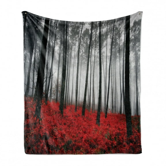 Forest Soft Flannel Fleece Throw Blanket, Fantasy Woodland Under Fog Trees Jungle Bushes Contrast Colors, Cozy Plush for Indoor and Outdoor Use, 70" x 90", Pale Grey Black and Red, by Ambesonne