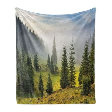 Forest Soft Flannel Fleece Throw Blanket, Fir Trees on Meadow Between Hillsides Conifer Woodland in Fog Before Sunrise, Cozy Plush for Indoor and Outdoor Use, 50" x 70", White Green, by Ambesonne