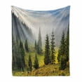 thumbnail image 1 of Forest Soft Flannel Fleece Throw Blanket, Fir Trees on Meadow Between Hillsides Conifer Woodland in Fog Before Sunrise, Cozy Plush for Indoor and Outdoor Use, 70" x 90", White Green, by Ambesonne, 1 of 6
