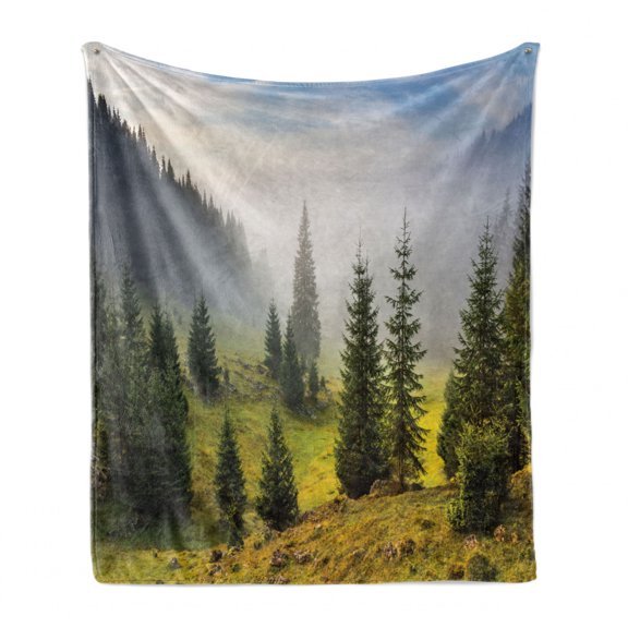 Forest Soft Flannel Fleece Throw Blanket, Fir Trees on Meadow Between Hillsides Conifer Woodland in Fog Before Sunrise, Cozy Plush for Indoor and Outdoor Use, 70" x 90", White Green, by Ambesonne