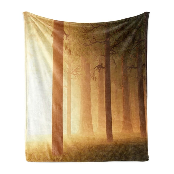Forest Soft Flannel Fleece Throw Blanket, Foggy Mist Hazy Jungle with Sun Beams and Rays Woodland Nature Design, Cozy Plush for Indoor and Outdoor Use, 60" x 80", Tan, by Ambesonne