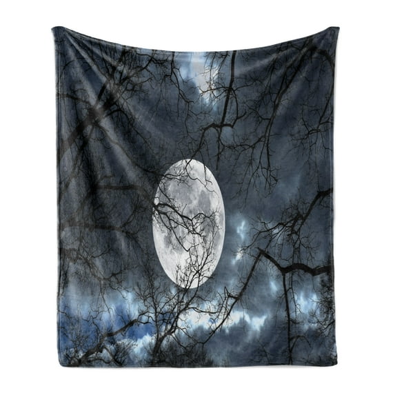 Forest Soft Flannel Fleece Throw Blanket, Full Moon at Night in Forest Winter Time Dramatic Days Lunar Photo, Cozy Plush for Indoor and Outdoor Use, 50" x 60", Blue Black Yellow, by Ambesonne