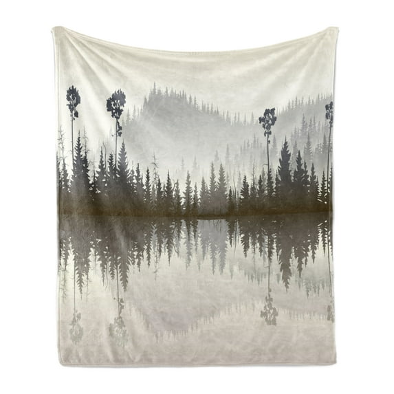 Forest Soft Flannel Fleece Throw Blanket, Misty Northern Nature Jungle with Hills and River at Dusk Water Reflection, Cozy Plush for Indoor and Outdoor Use, 50" x 70", Cream Grey Brown, by Ambesonne