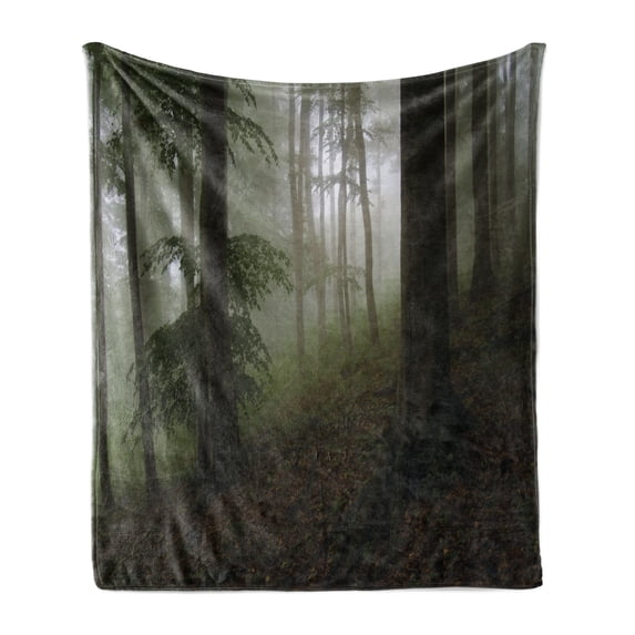Forest Soft Flannel Fleece Throw Blanket, Mysterious Woods Fog Wilderness Rural Untouched Vegetation Transylvania, Cozy Plush for Indoor and Outdoor Use, 50" x 60", White Green Brown, by Ambesonne