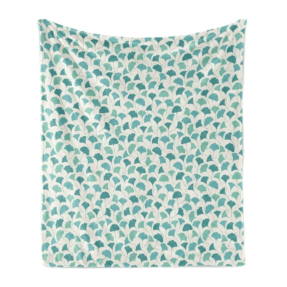 Forest Soft Flannel Fleece Throw Blanket, Native Chinese Woodland Leaves from Ginkgo Trees Pastel Silhouettes, Cozy Plush for Indoor and Outdoor Use, 60" x 80", Teal Turquoise and Cream, by Ambesonne