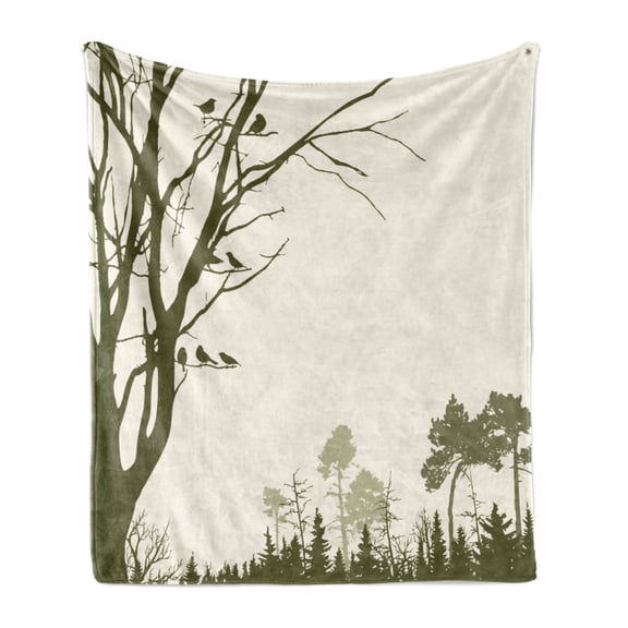 Forest Soft Flannel Fleece Throw Blanket, Nature Theme the Panorama of a Forest Pattern Birds on Tree Branches Print, Cozy Plush for Indoor and Outdoor Use, 60" x 80", Olive Green Cream, by Ambesonne