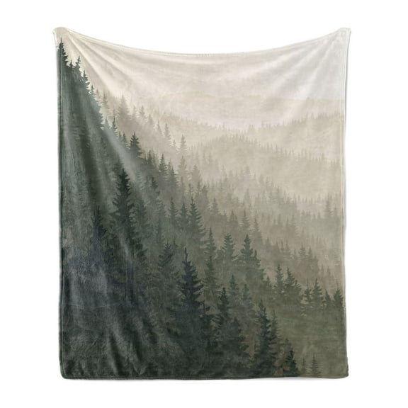 Forest Soft Flannel Fleece Throw Blanket, Northern Parts of the World Coniferous Trees Scandinavian Woodland, Cozy Plush for Indoor and Outdoor Use, 70" x 90", Cream Tan Dark Green, by Ambesonne
