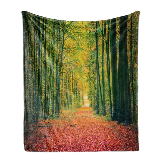 Forest Soft Flannel Fleece Throw Blanket, Pathway in Autumn Dramatic Road to Infinity Toned Warm Fall Colors Rural Scenery Print, Cozy Plush for Indoor and Outdoor Use, 70" x 90", Green, by Ambesonne