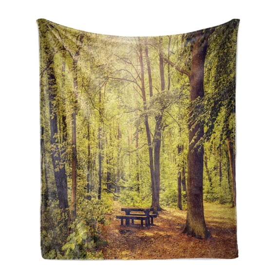 Forest Soft Flannel Fleece Throw Blanket, Picnic Table in the Forest Foliage Greenery Nature Theme Summer and Winter Theme, Cozy Plush for Indoor and Outdoor Use, 50" x 60", Green Brown, by Ambesonne