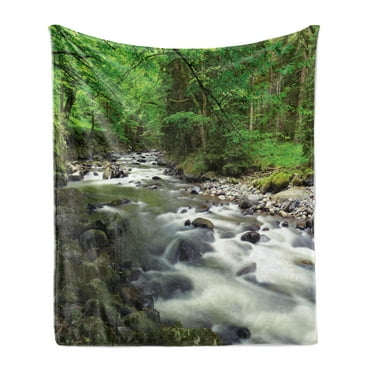 Forest Soft Flannel Fleece Throw Blanket, Rushing Riverbed with Rocks Trees Mountain Branches Shrubs Nature Scenery, Cozy Plush for Indoor and Outdoor Use, 50" x 70", Green Grey White, by Ambesonne