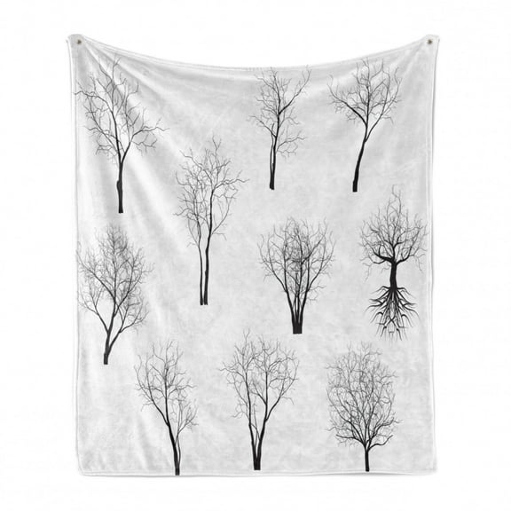 Forest Soft Flannel Fleece Throw Blanket, Spooky Horror Movie Themed Branches in the Forest Trees Nature Artwork Print, Cozy Plush for Indoor and Outdoor Use, 50" x 60", Black and White, by Ambesonne