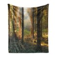 thumbnail image 1 of Forest Soft Flannel Fleece Throw Blanket, Sunset View of Dark Pine Woodland in Autumn Foggy Scene Sunbeams Trunks Shadow, Cozy Plush for Indoor and Outdoor Use, 50" x 60", Orange Green, by Ambesonne, 1 of 6