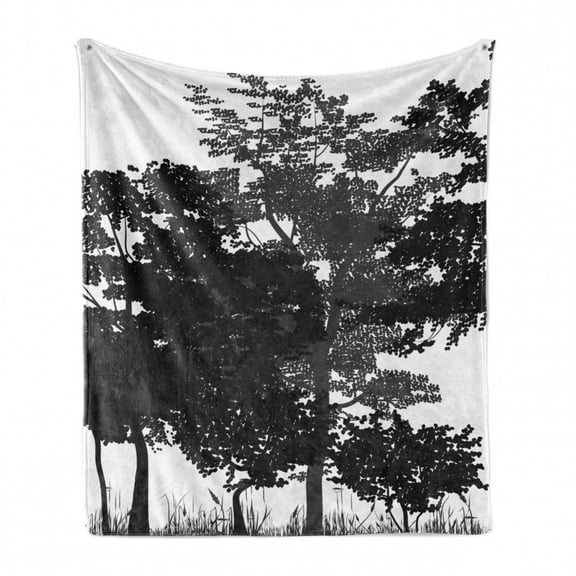 Forest Soft Flannel Fleece Throw Blanket, Tree Silhouettes and Bushes in Monochrome Retro Colors Deciduous Growth, Cozy Plush for Indoor and Outdoor Use, 50" x 70", Black Grey White, by Ambesonne