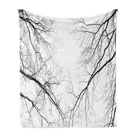 Forest Soft Flannel Fleece Throw Blanket, Trees Branches Leafless Spooky Scary Image in a Gloomy Air Sky Scene Image, Cozy Plush for Indoor and Outdoor Use, 70" x 90", Black and White, by Ambesonne