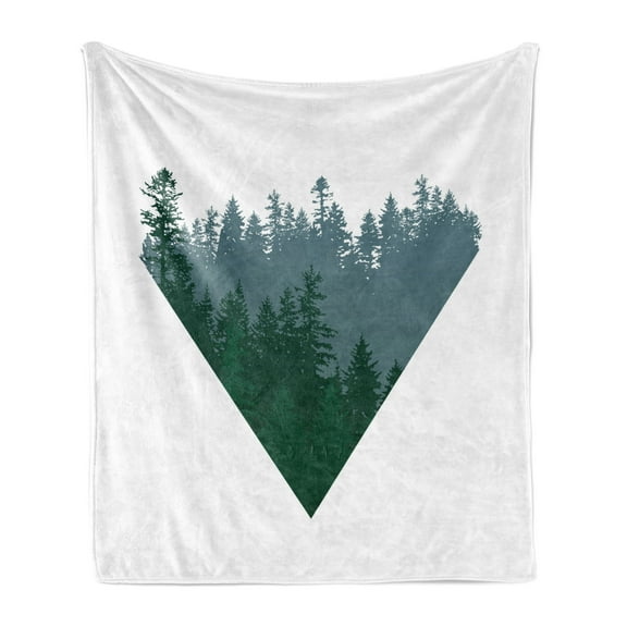 Forest Soft Flannel Fleece Throw Blanket, Triangle Frame with Coniferous Tree Silhouettes Modern Geometric, Cozy Plush for Indoor and Outdoor Use, 60" x 80", Dark Green Slate Blue, by Ambesonne