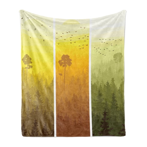 Forest Soft Flannel Fleece Throw Blanket, Vertical Banners with Hills Trees and Birds Views from Rural Countryside, Cozy Plush for Indoor and Outdoor Use, 70" x 90", Green Orange Yellow, by Ambesonne
