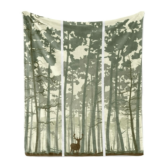 Forest Soft Flannel Fleece Throw Blanket, Vertical Stripes with Tall Trees and Lonely Deer Nature Illustration, Cozy Plush for Indoor and Outdoor Use, 50" x 60", Sage Green Cream Brown, by Ambesonne
