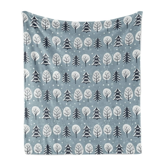 Forest Soft Flannel Fleece Throw Blanket, Winter Theme Natural Demonstration Scene of Snowy Trees and Snowflakes Motifs, Cozy Plush for Indoor and Outdoor Use, 50" x 70", Blue Grey, by Ambesonne
