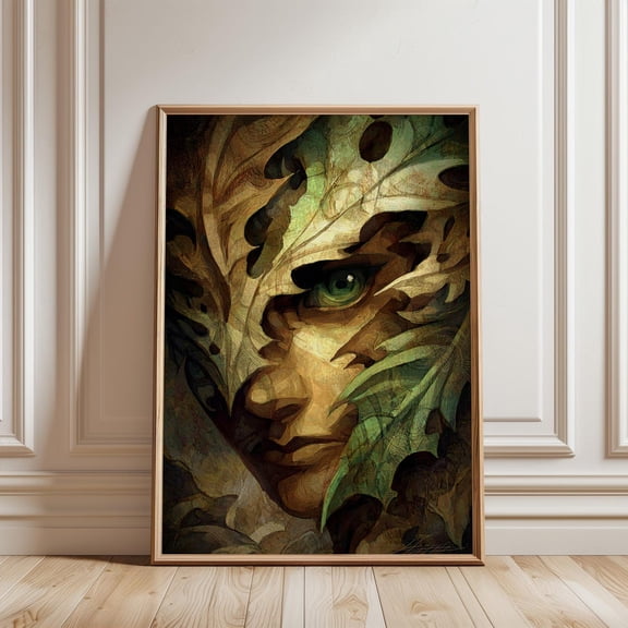 Forest Spirit Face Nature Fantasy Portrait Green Brown Surreal Wall Art Print, Unframed Paper Print