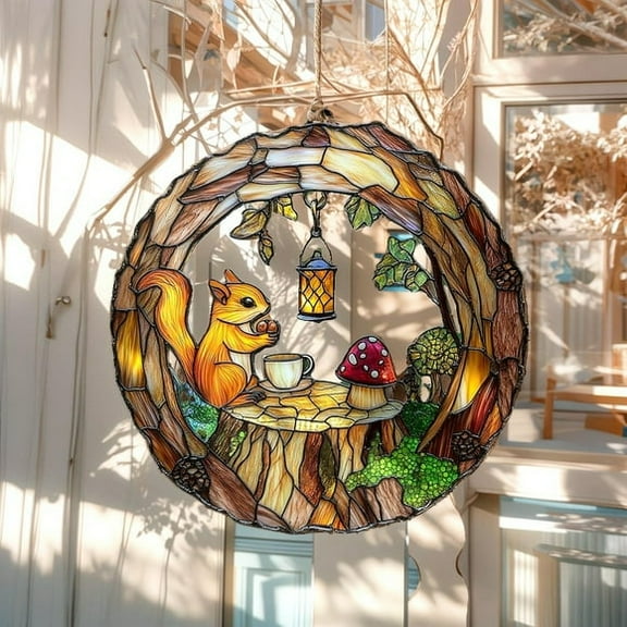 Forest Squirrel Acrylic Suncatcher Window Hanging, Stained Glass Look Wild Animal Decor, Fall Gift For Mom Or Nature Lovers