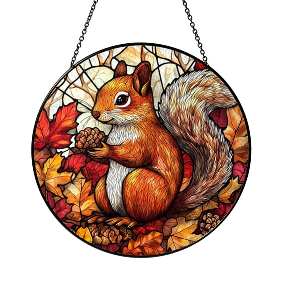 Forest Squirrel Suncatcher, Acrylic Stained Glass Style Round Decoration for Home