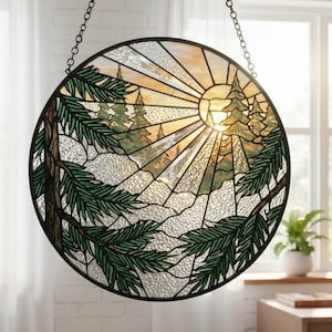 Forest Stained Glass Suncatcher, Pine Tree and Mountain Sunrise Decor, Nature Landscape Window Hanging, Hiking Lover Gift for Dad, 3.5 in