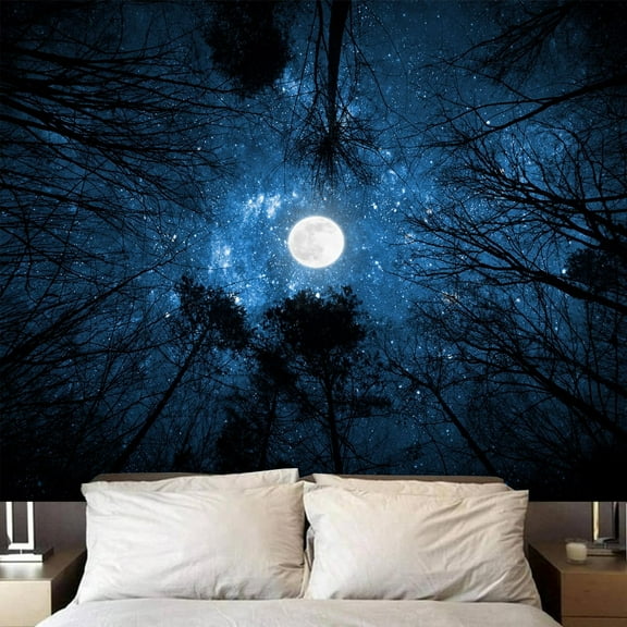 Forest Starry Wall Tapestry Starry Night Sky Moon Stars Ceiling Tapestry Blue Space with Trees Nature Tapestries Wall Hanging for Bedroom Dorm Living Room