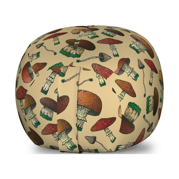 Forest Storage Toy Bag Chair, Digitally Generated Sketchy Mushrooms Concept Woodland Plantation, Stuffed Animal Organizer Washable Bag, Large Size, Pale Camel Multicolor, by Ambesonne