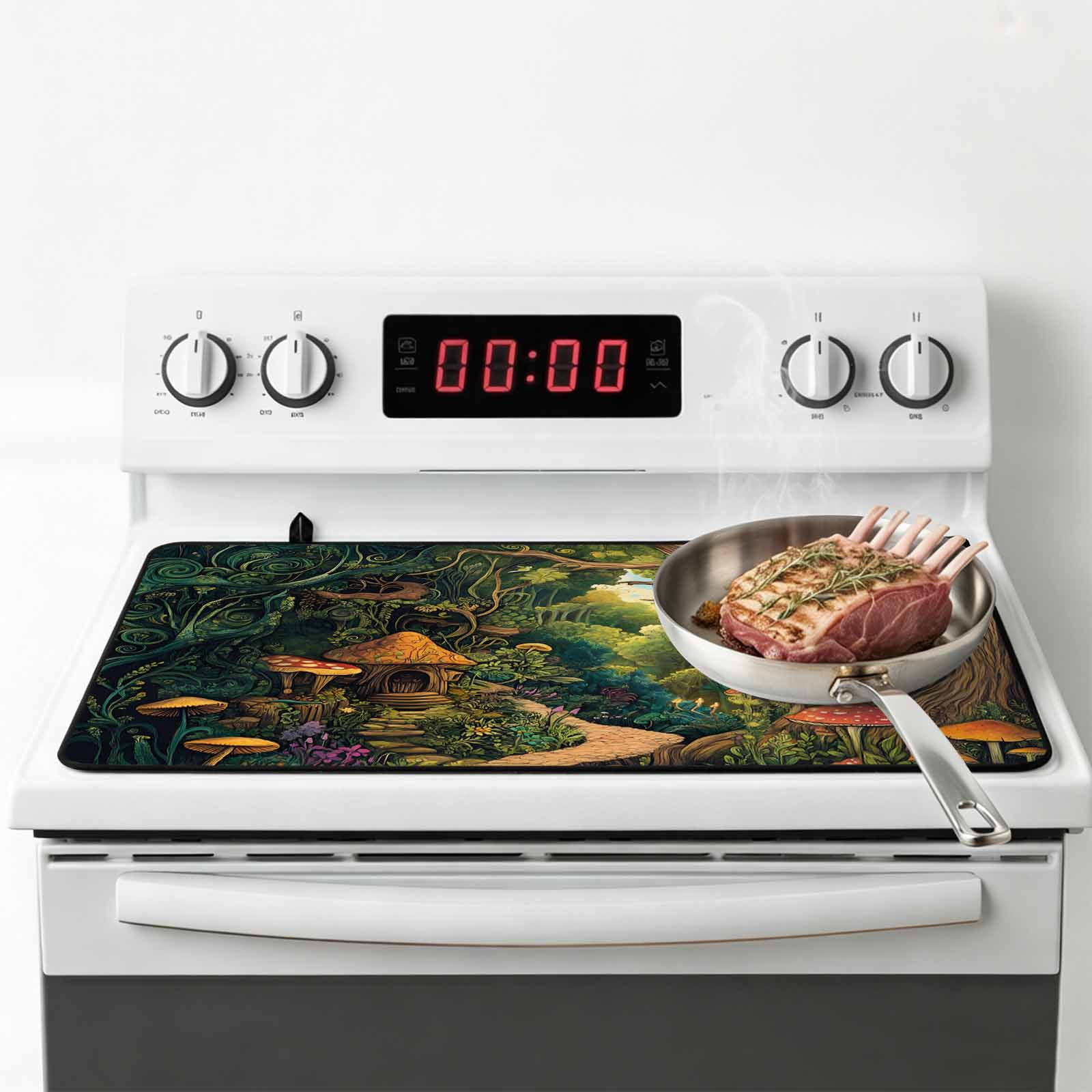 Forest Stove Top Cover for Electric Stove, Heat-proof & Non Slip Glass Top Stove Cover Protector, Vintage Cottage Mushroom Tree Floral Green Kitchen Flat Cooktop Rubber Mat 24x21 Inches