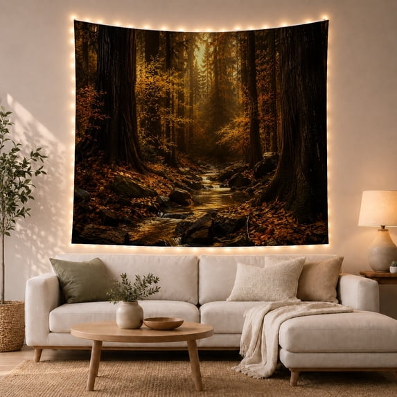 Forest Stream Among Giant Trunks, Dramatic Digital Art for Nature Lovers, Woodland Wall Art, Housewarming Gift, Tapestry Wall Hanging for Bedroom and Living Room