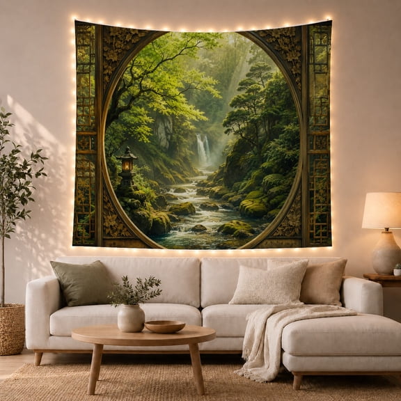 Forest Stream in a Golden Moon Gate with Stone Lantern, Mystical Fantasy for Nature Lovers, Asian Inspired Wall Decor, Housewarming Gift, Tapestry Wall Hanging for Living Room and Bedroom