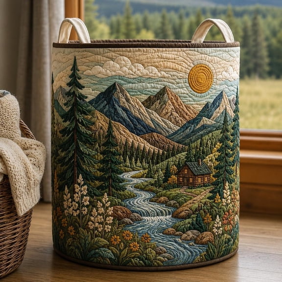 Forest Stream Quilted Laundry Basket: Deep Forest Art Storage Bin Hamper