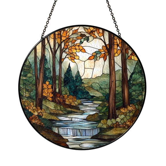 Forest Stream Stained Glass Window Panel, Nature Inspired Woodland Scene Decorative Window Art