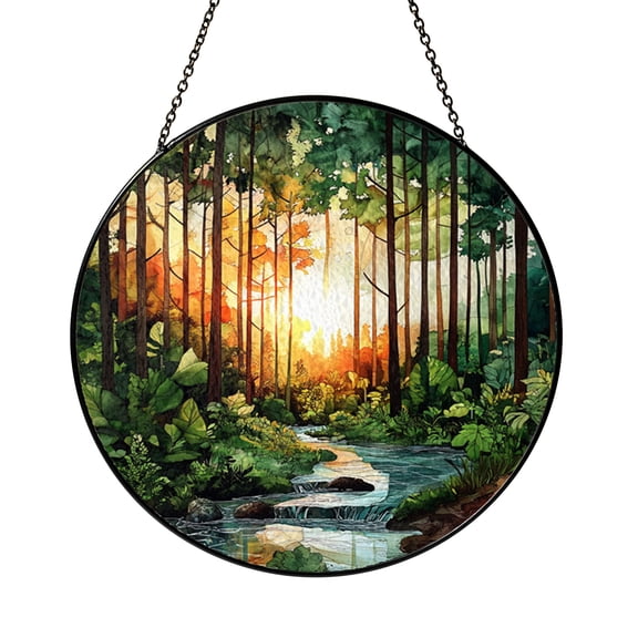 Forest Stream Stained Glass Window Panel – Nature-Inspired Woodland Scene, Vibrant Stream and Trees Design, Perfect Home or Cabin Decor